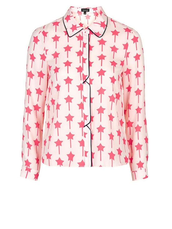 Topshop Tops - Topshop Cream Blouse Womens 4 Coral Star Print Black Trim Button Down